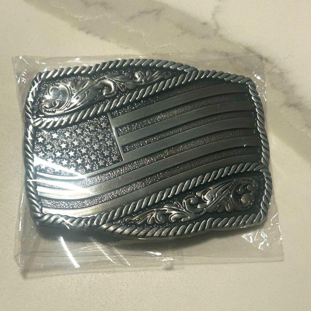 American Flag Belt Buckle, Western Cowboy, Cowgirl, Country‎ Antique Silver Tone